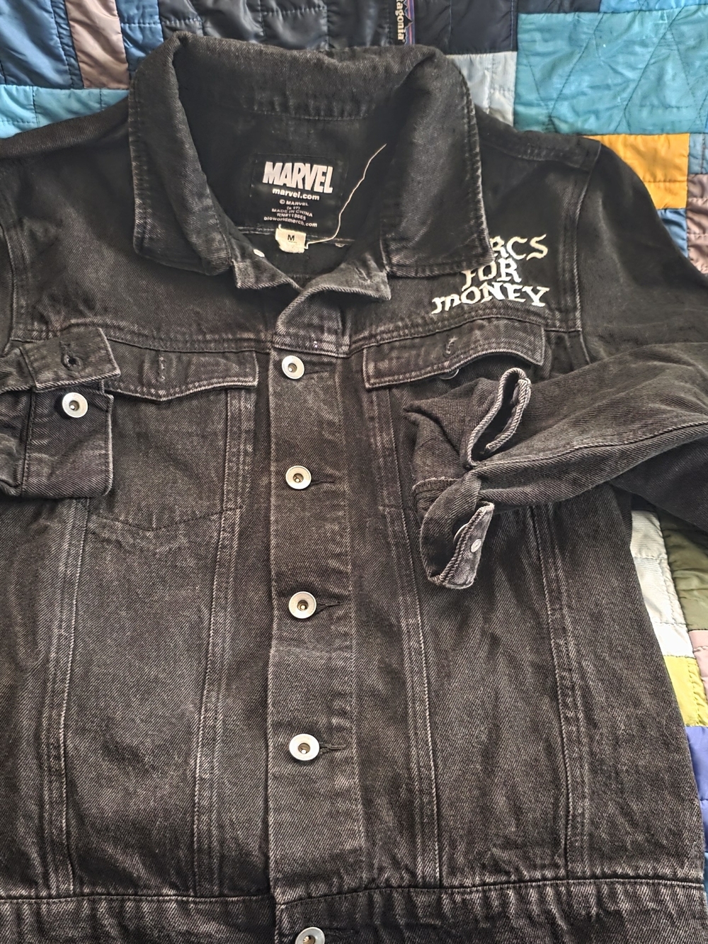 Marvel Men's Black Denim Jacket - 'Mercs for Money' Embroidered